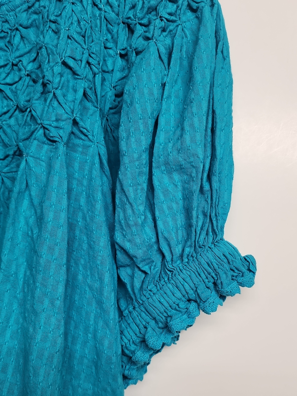 SUNDANCE Teal Smocked Button Peasant Top XXL Adorable Feminine Beautiful Boho - Picture 2 of 9